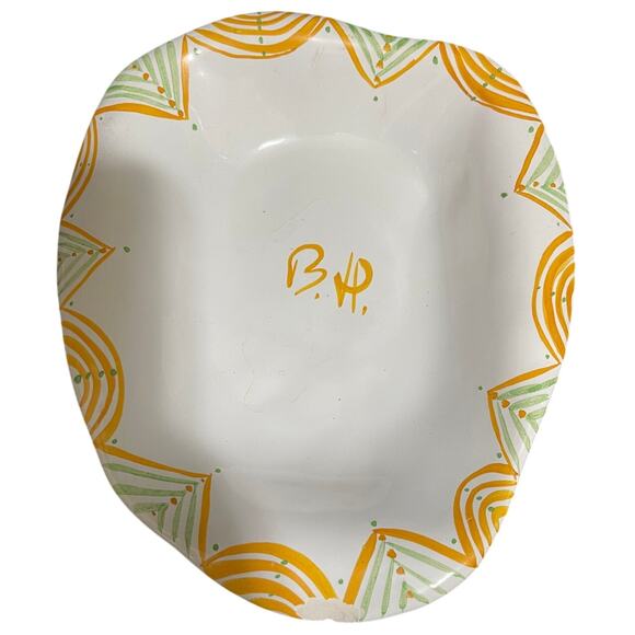 Handmade & Artist Signed Ceramic Dish - 7" x 6.5" White w/Orange Rim - Picture 1 of 5